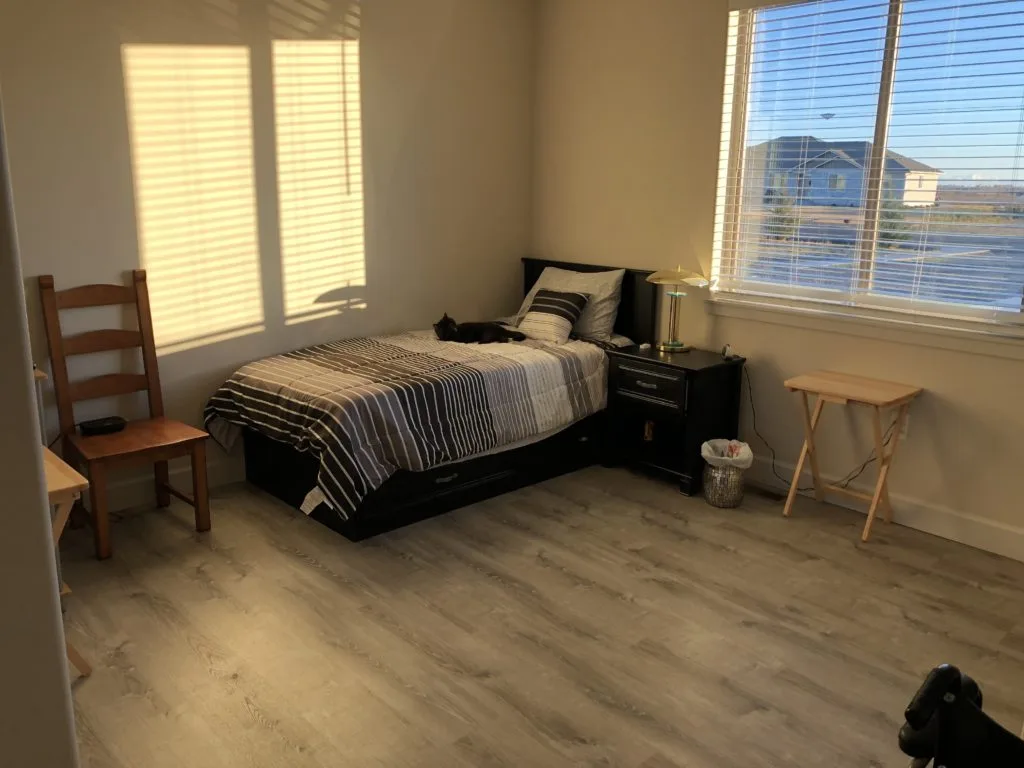 A bright bedroom with light wood floors, a striped single bed, nightstand with lamp, wooden chair, and two windows, one overlooking outdoors.